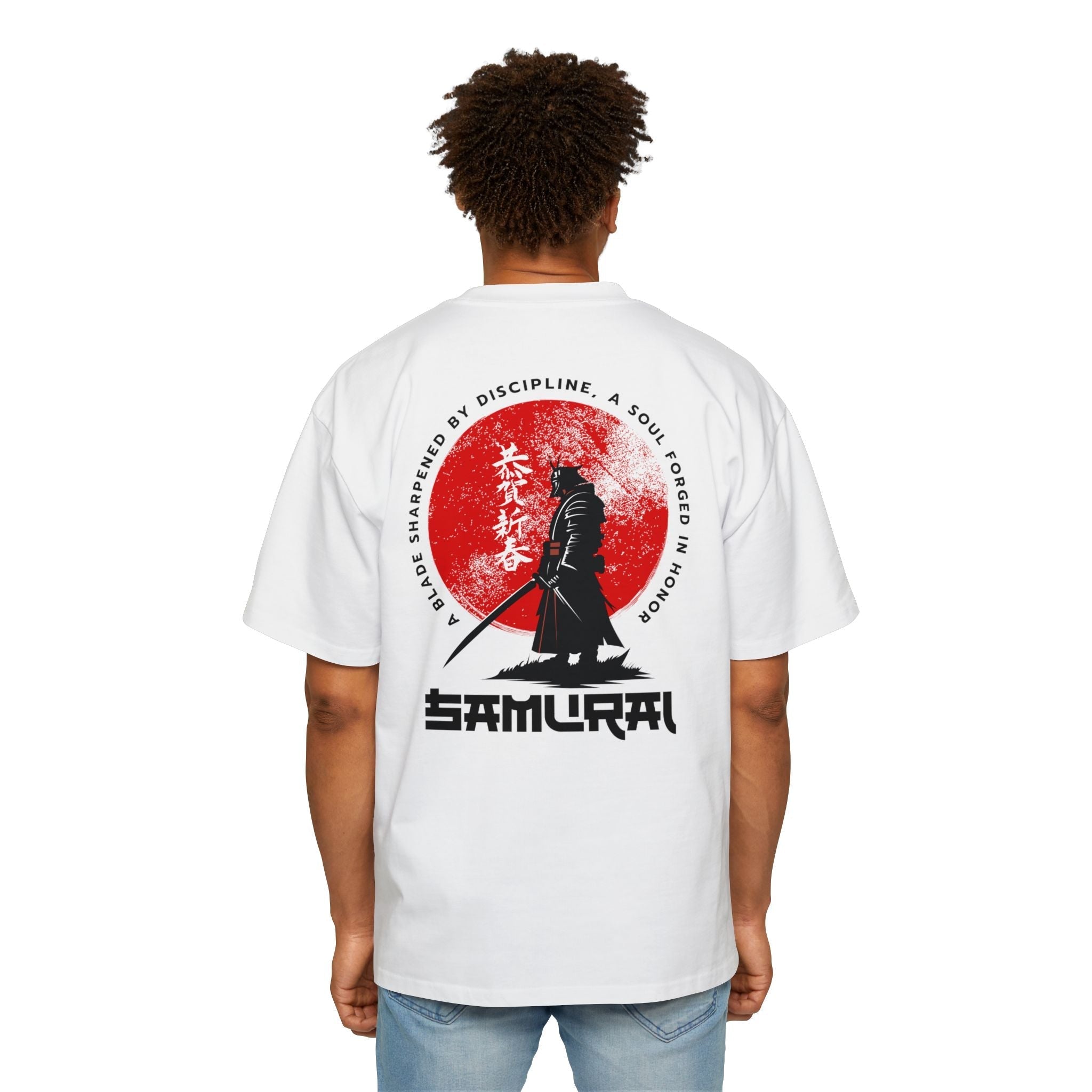 Person wearing a white t-shirt with a Samurai design on the back, featuring a red circle and black silhouette.