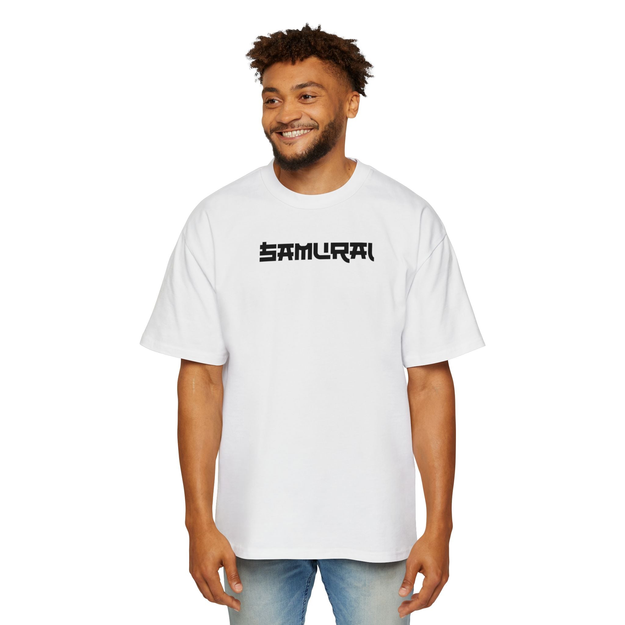 Man wearing a white t-shirt with 'Samurai' logo on a white background