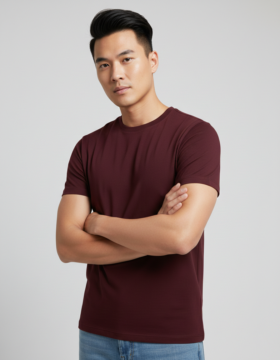 Man in maroon short sleeve crew neck t-shirt and blue jeans standing with arms crossed