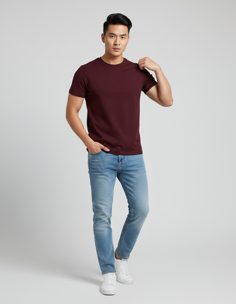 Man wearing maroon t-shirt, light blue jeans, and white sneakers on plain background