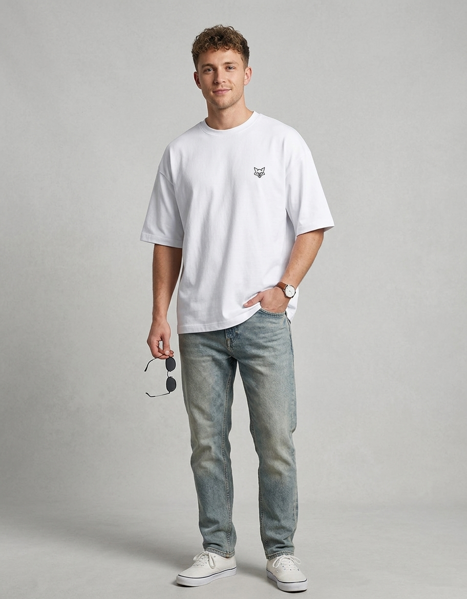 Man wearing white t-shirt with small fox head graphic, blue jeans, and white sneakers