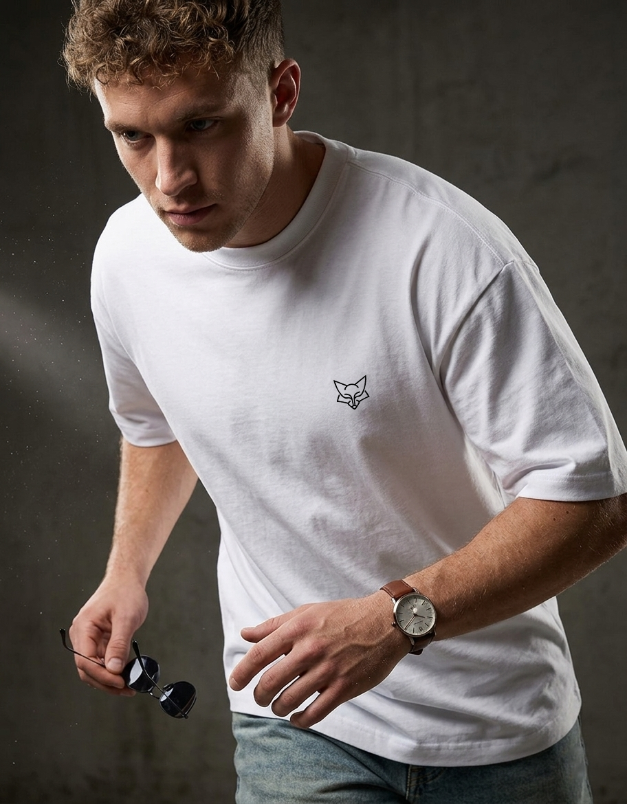 Man in white t-shirt with minimalist fox logo, holding sunglasses, wearing wristwatch