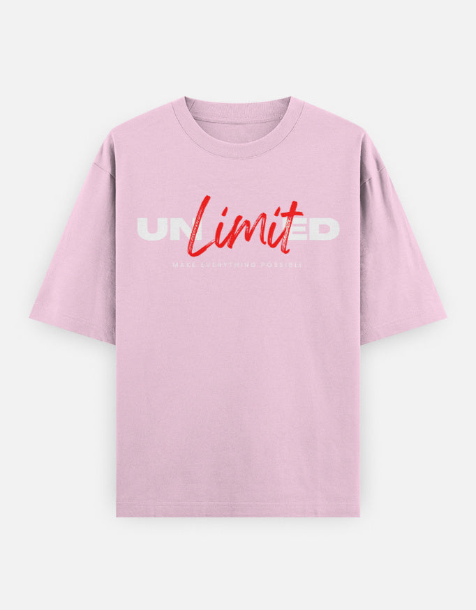 Pink t-shirt with 'UNLIMITED' text on a white background