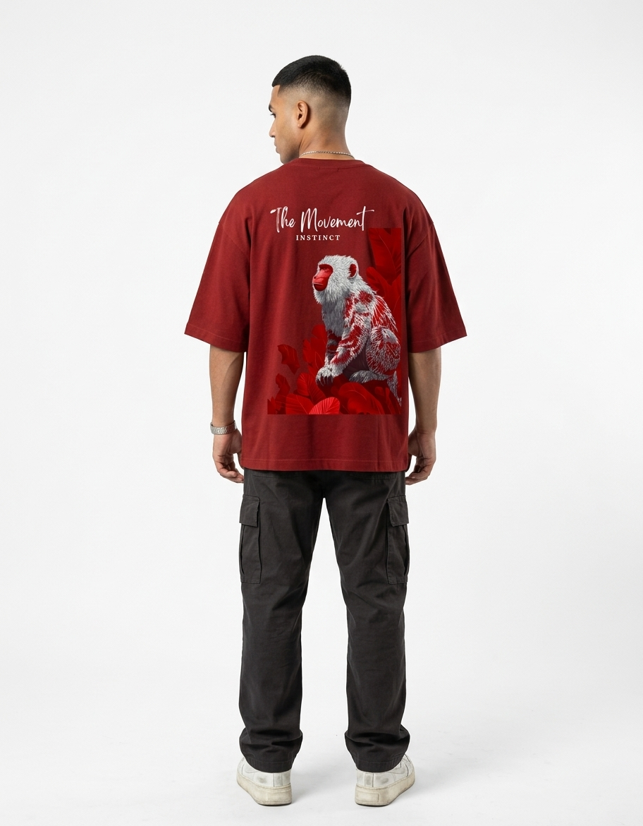 Man wearing red graphic t-shirt with white monkey and floral print on the back, casual style.