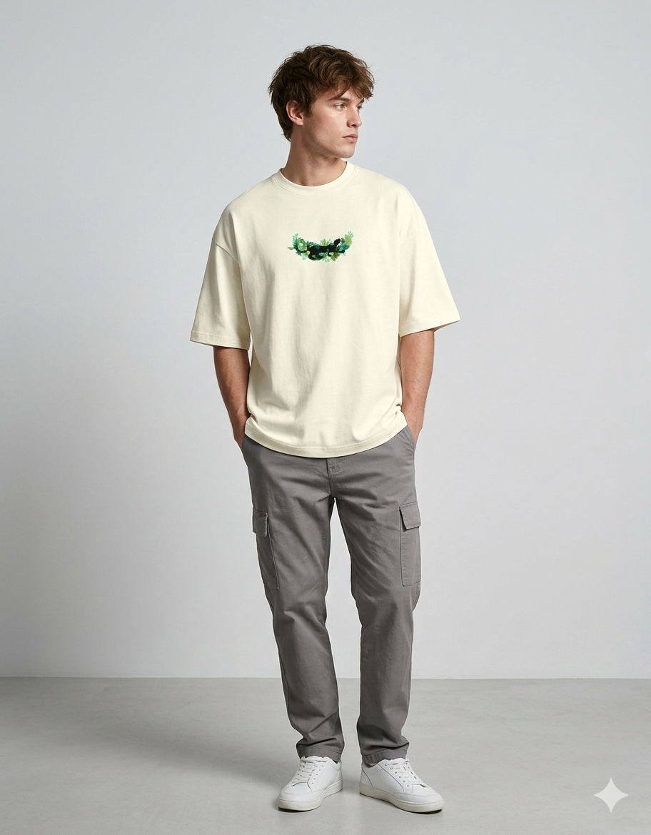Man wearing cream graphic t-shirt, grey cargo pants, and white sneakers in minimalist room